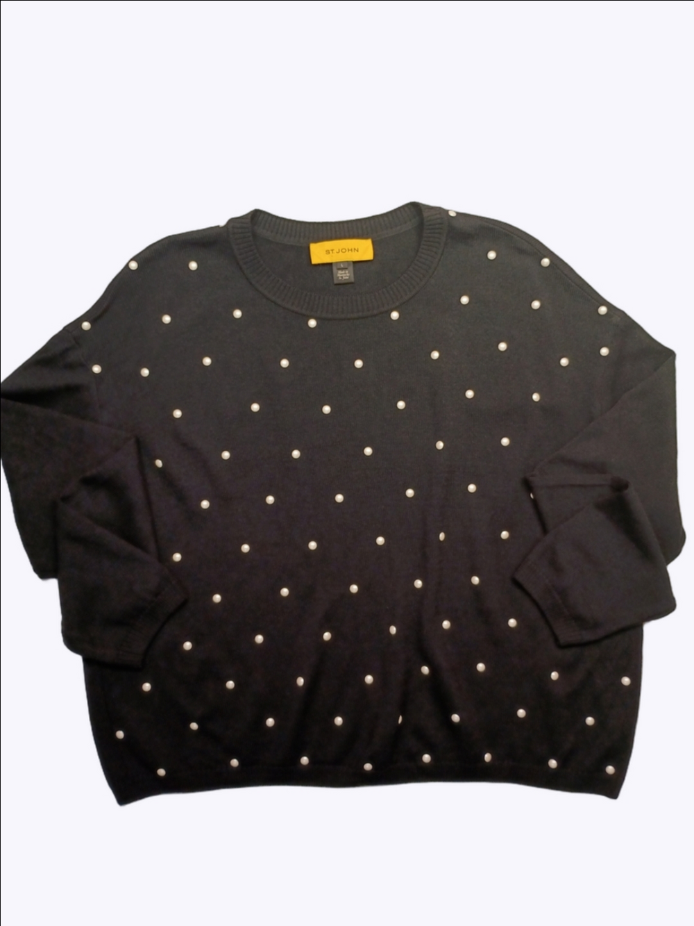 St. John Black Crewneck Sweater with Faux Pearl Dot Embellishments 90's